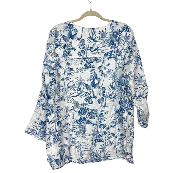 Nicole Miller Blouse Tunic 1X Blue White Linen Floral Long Sleeve Button Toile - Picture 2 of 16